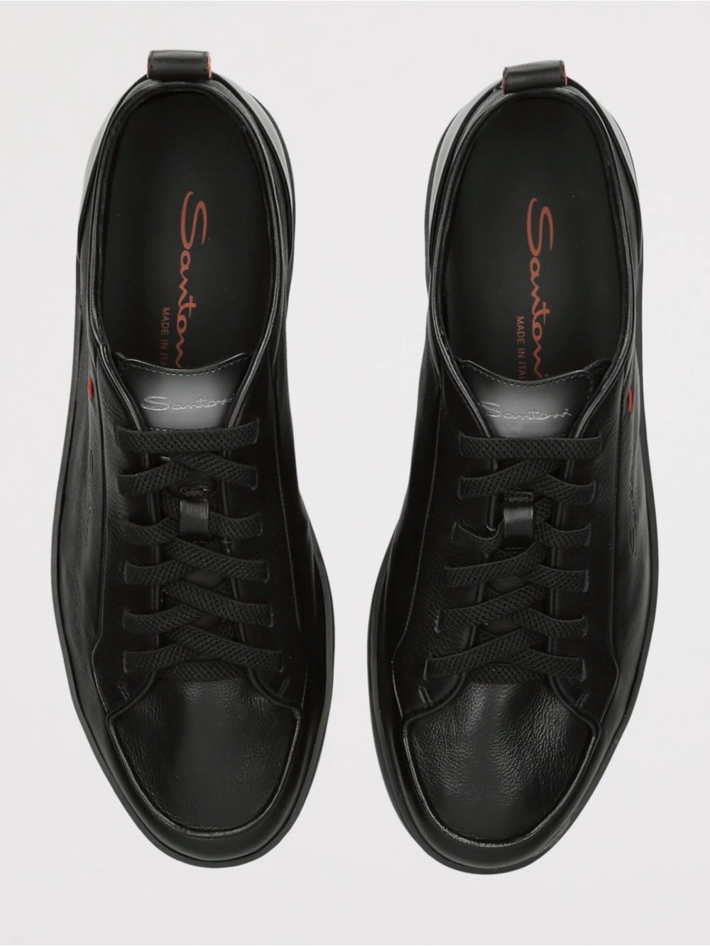 Santoni Black Leather Low-Top Sneakers with Subtle orange  Accent